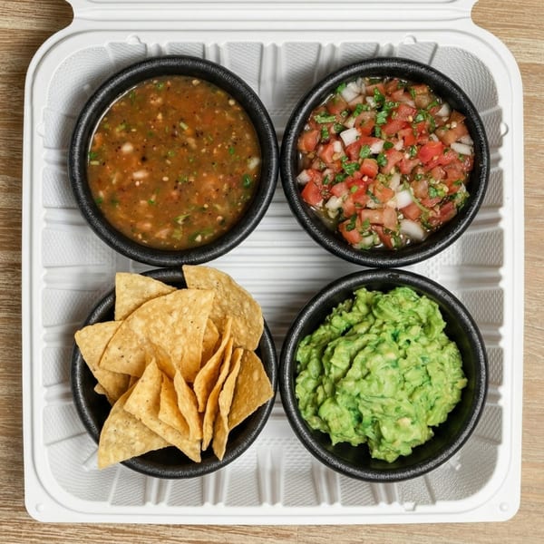 Four black bowls of salsa, pico de gallo, tortilla chips, and guacamole in a white takeout container.