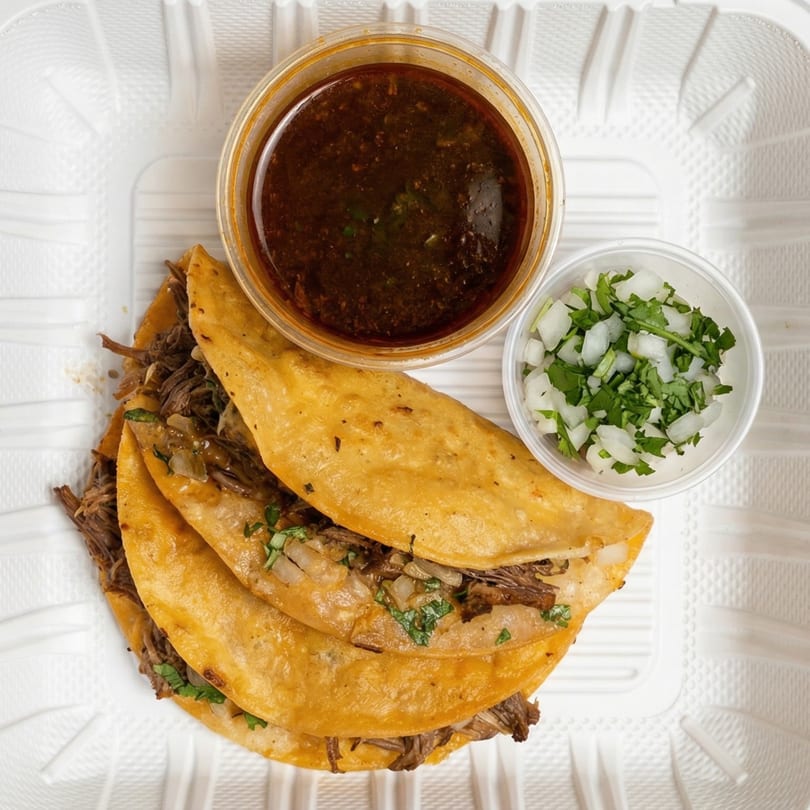 Three birria tacos with a side of consommé and a container of diced onions and cilantro.